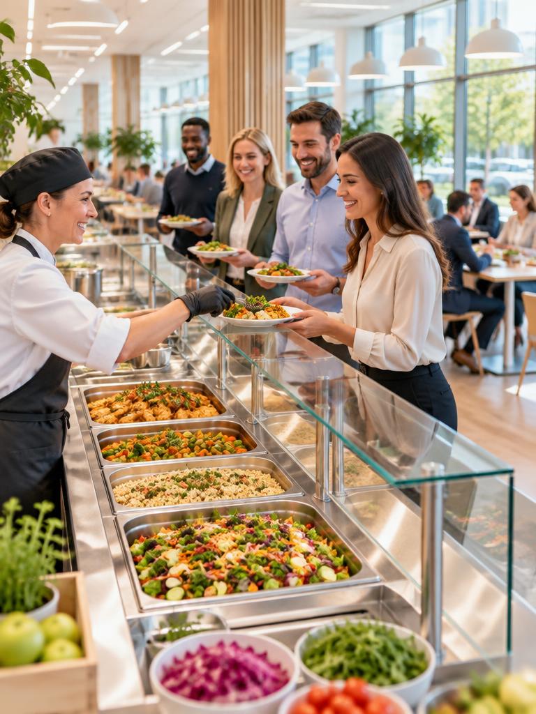 Modern company canteen servery with stainless steel buffet counters and fresh food