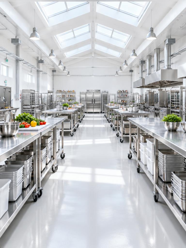 Bright central production kitchen with rows of stainless steel prep tables