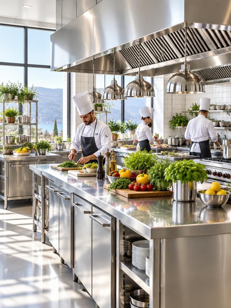 Bright hotel kitchen with polished stainless steel counters and extraction hood supplied by FFT Asia