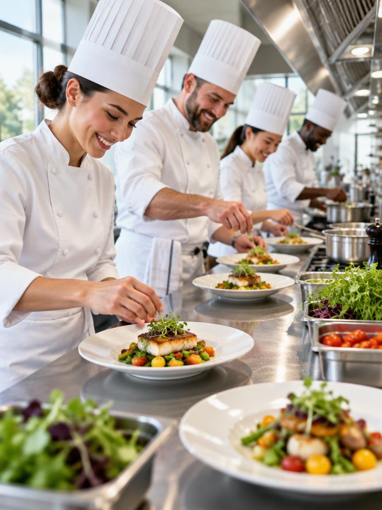 Kitchen brigade plating dishes together on a stainless steel cooking line