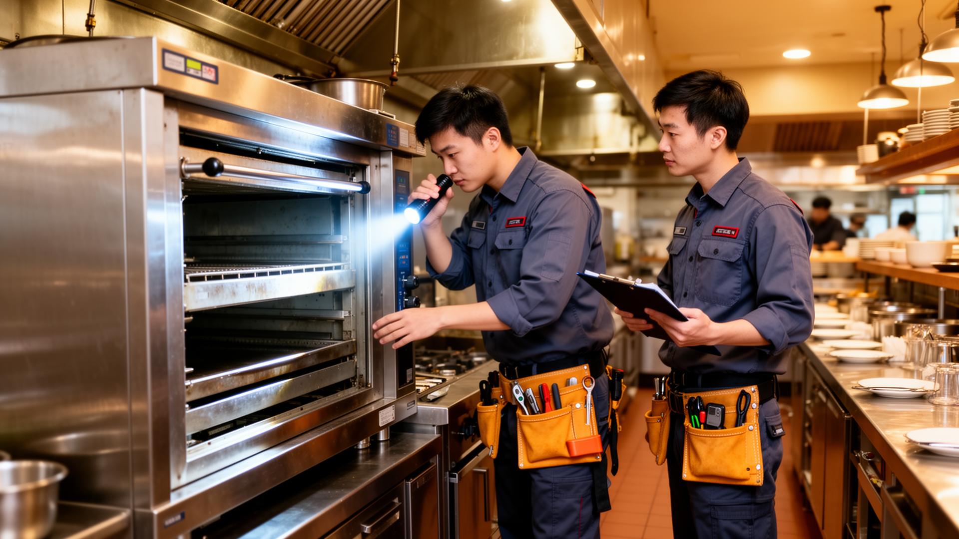 Certified technician maintaining commercial cooking equipment