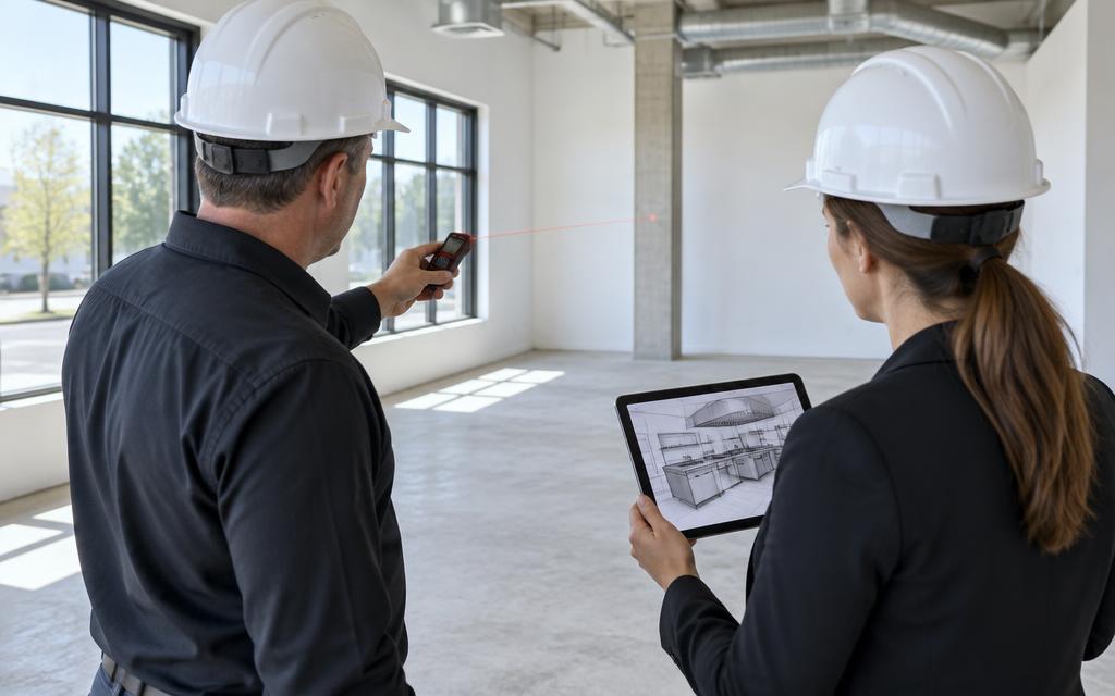FFT consultants measuring an empty unit during a free commercial kitchen site inspection