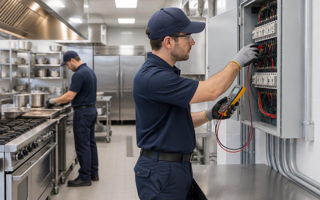 Professional electricians wiring the power panel of a commercial kitchen installation