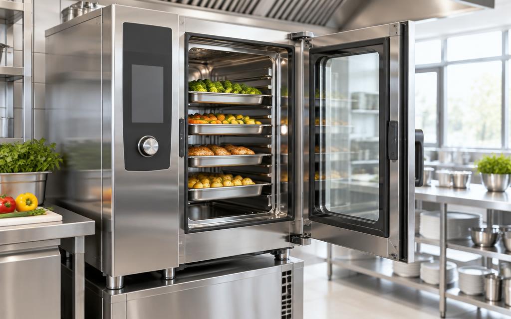Stainless steel professional combi steam oven commissioned in a bright commercial kitchen