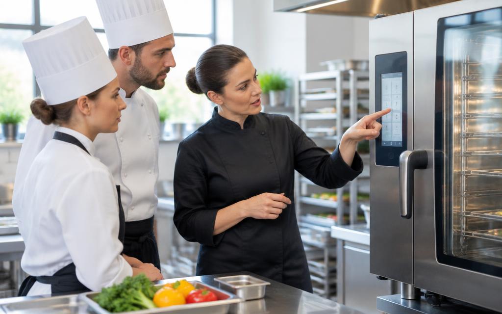 Chefs being trained on the touchscreen controls of a combi oven