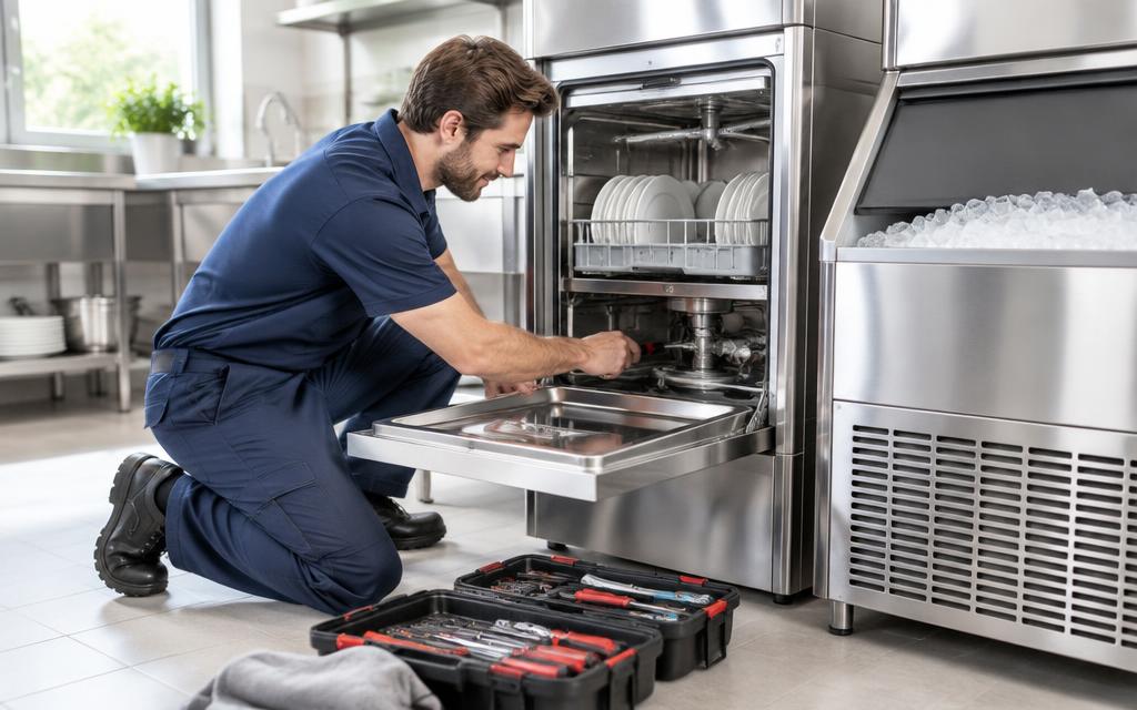 Service technician maintaining a commercial dishwasher and ice machine
